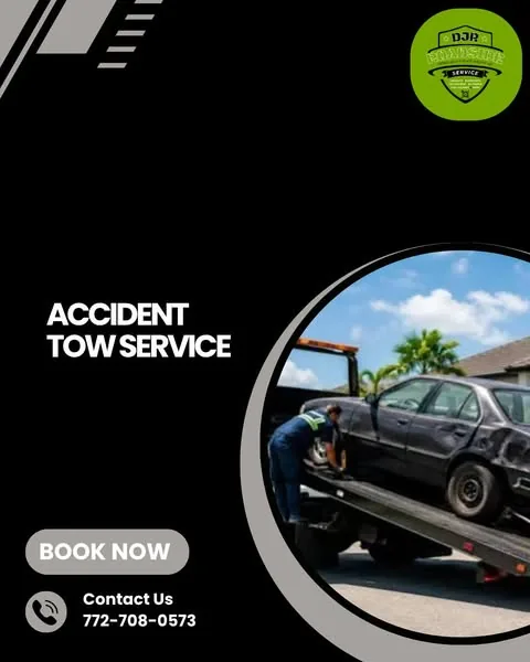 DJR Roadside accident tow service graphic with a flatbed loading a damaged car