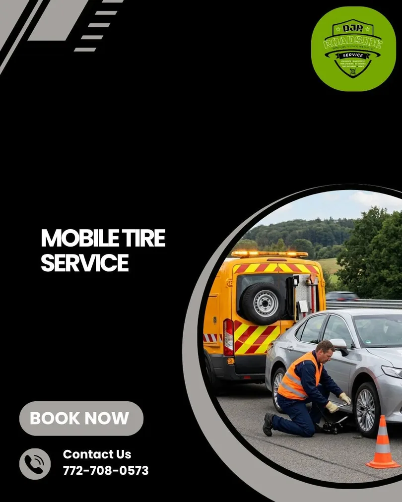 DJR Roadside mobile tire service graphic with the green shield logo and phone number