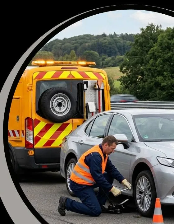 Technician changing a tire at the roadside with a service van behind
