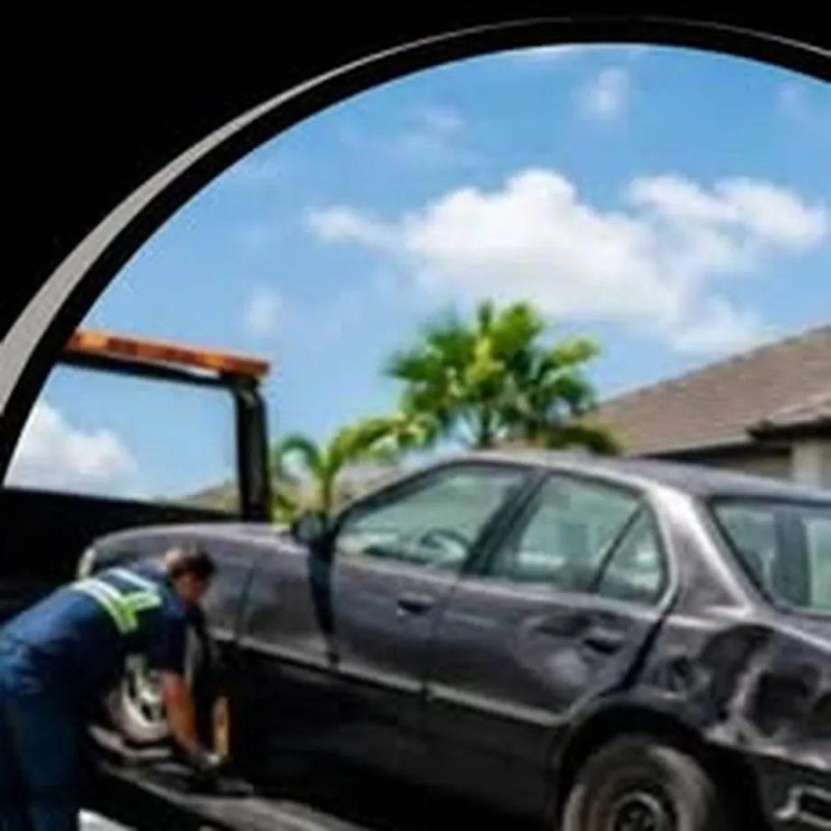 Flatbed loading a damaged sedan, from a DJR Roadside post